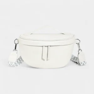 Sac Banane Femme Cuir Chic Bandoulière blanc avec lanières en nylon à motif zigzag gris