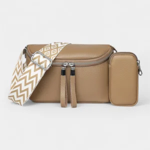 Sac Banane Femme Cuir Chic Rectangulaire en cuir beige avec lanière décorative et petite poche zippée sur le côté