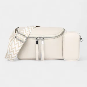 Sac Banane Femme Cuir Chic Rectangulaire en cuir beige avec une sangle à motif zippée et une poche rectangulaire