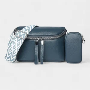 Sac Banane Femme Cuir Chic Rectangulaire en cuir bleu avec lanière et pochette assortie