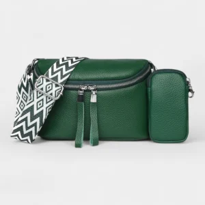 Sac Banane Femme Cuir Chic Rectangulaire en cuir vert avec lanière imprimée et petite pochette