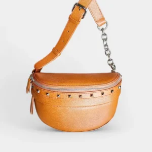 Sac Banane Femme Cuir Clouté en cuir orange avec clous décoratifs et bandoulière réglable