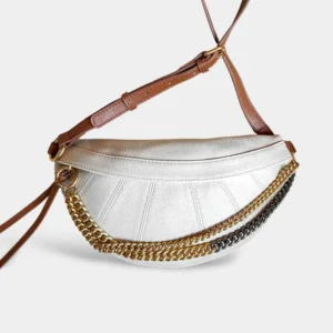 Sac Banane Femme Cuir Chaîne Dorée en cuir blanc avec lanière marron et chaînes dorées et argentées