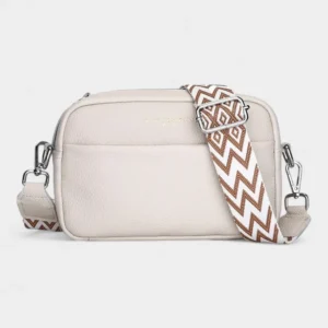 Sac Banane Femme Cuir Rectangulaire Bandoulière blanc cassé avec lanière ethnique