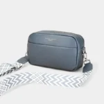 Sac Banane Femme Cuir Rectangulaire Bandoulière bleu avec lanière ethnique et poche avant