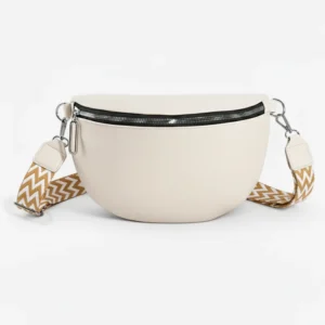 Sac Banane Femme Grand Format Simili Cuir de couleur blanche avec une bandoulière à motif zigzag