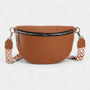Sac Banane Femme Grand Format Simili Cuir marron avec lanière décorative et fermeture éclair ouverte