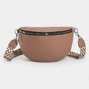 Sac Banane Femme Grand Format Simili Cuir de couleur marron avec une lanière à motifs zippée