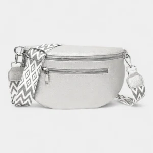 Sac Banane Femme Simili Cuir Argenté avec une lanière imprimée en zigzag et deux poches zippées