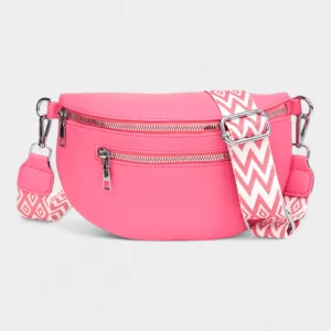 Sac Banane Femme Simili Cuir Fluo rose vif avec une lanière imprimée et deux poches