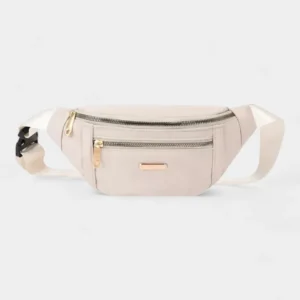 Sac Banane Femme Sport Chic en cuir beige avec deux zips et bandoulière ajustable présenté de face