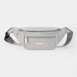 Sac Banane Femme Sport Chic gris en matière synthétique avec deux poches zippées et une lanière réglable