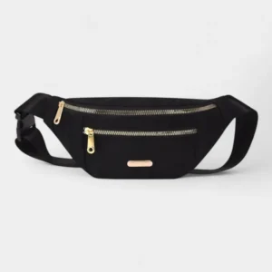 Sac Banane Femme Sport Chic noir en polyester avec fermeture éclair dorée et lanière ajustable