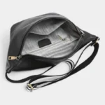 Sac Banane XL Cuir noir avec intérieur gris chevronné et sangle rayée