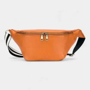 Sac Banane XL Cuir de couleur orange avec une lanière à rayures noires et blanches