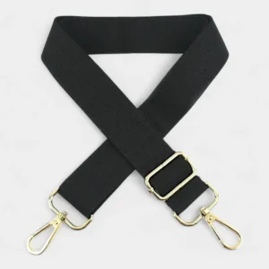 Bandoulière Simple Toile Unie Réglable noire avec mousquetons dorés brillants et boucle en métal, aspect moderne.