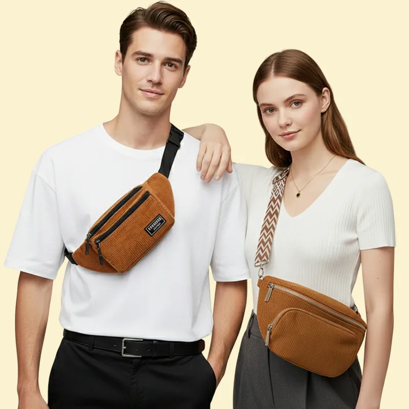 un homme et une femme portant chacun un sac banane en velours côtelé marron