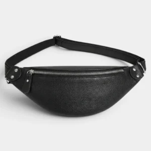 Petit sac banane cuir grainé noir posé de face, avec fermeture zippée chromée