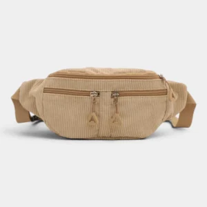 Sac banane velours côtelé beige sable posé de face, avec fermetures zippées ton sur ton