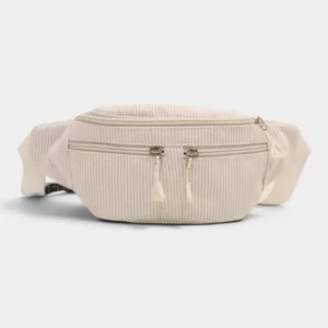 Sac banane velours côtelé blanc crème posé de face, fermeture éclair claire avec curseurs assortis