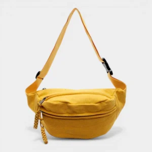Sac banane velours côtelé jaune posé de face, avec sangle réglable et zip tressé