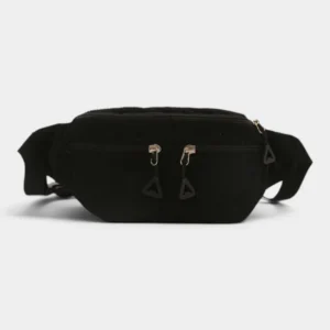 Sac banane velours côtelé noir profond posé de face, avec tirettes zippées triangulaires noires