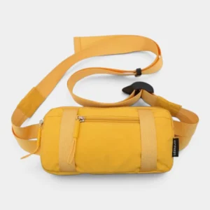 Petit sac banane nylon jaune vif posé de face, avec une sangle réglable assortie