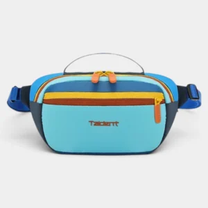 Sac banane colorblock en nylon bleu ciel et marine, présenté de face avec une fermeture éclair jaune contrastante
