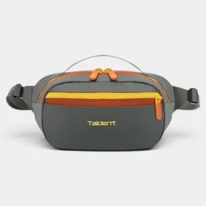 Sac banane nylon gris anthracite à bandes colorblock jaune et orange, présenté de face