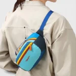 Sac Banane Colorblock Multicolore Compact Sac banane colorblock multicolore en nylon porté dans le dos par une femme, vue de dos au style casual-chic