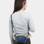 Sac banane colorblock multicolore en nylon porté en bandoulière de dos par une femme au style sport outdoor