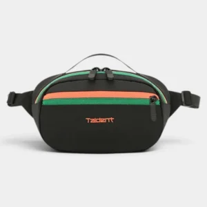 Sac banane nylon noir à bandes colorblock vert et orange, présenté de face