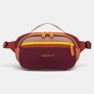 Sac banane nylon bordeaux et rose colorblock de face, avec fermeture éclair jaune contrastante