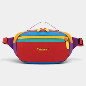 Sac banane colorblock en nylon multicolore à rayures rouge, bleu et violet, présenté de face sur fond neutre