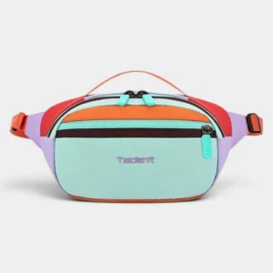 Sac banane nylon colorblock de face, avec des blocs turquoise pastel, orange et violet