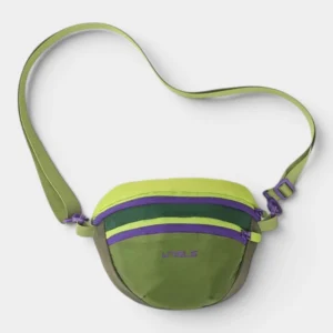 Sac banane nylon colorblock vert kaki et vert anis de face, avec fermeture éclair violette contrastante