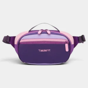 Sac banane colorblock en nylon violet et rose posé de face, avec une poignée de transport supérieure
