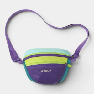 Sac banane nylon colorblock violet, vert anis et turquoise, posé de face avec bandoulière réglable