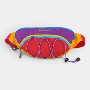 Sac banane outdoor de face, en polyester multicolore rouge et jaune, avec cordons élastiques violet sur la poche avant