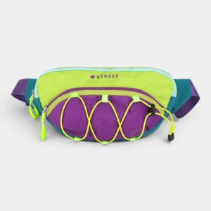 Sac banane outdoor de face, en polyester multicolore vert fluo et violet, avec cordons élastiques jaunes sur la poche avant