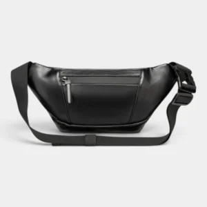 Sac banane simili cuir noir, vue arrière avec une poche zippée sur le panneau dos et sangle à clip plastique