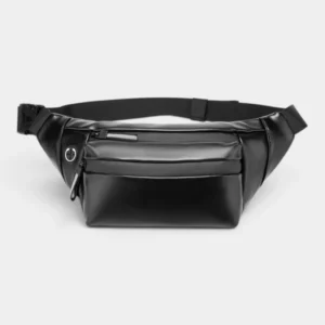 Sac banane en simili cuir grainé noir, présenté de face avec une sangle réglable à boucle plastique