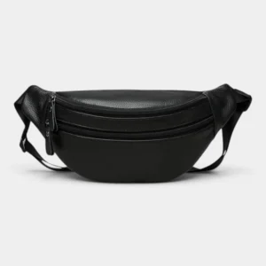Sac banane en cuir grainé noir présenté de face, avec sangle réglable et fermetures zippées argentées