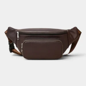 Sac banane en cuir grainé marron foncé, présenté de face avec une poche frontale zippée
