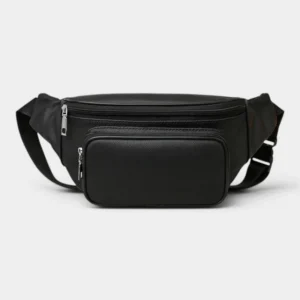 Sac banane en cuir grainé noir, présenté de face avec une poche frontale zippée