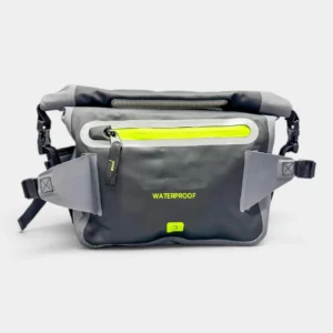 Sac banane moto étanche roll-top gris et jaune fluo en PVC, présenté de face avec fermeture éclair jaune contrastante