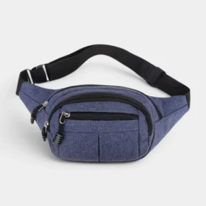 Sac banane en nylon bleu chiné posé de face, avec sangle réglable noire