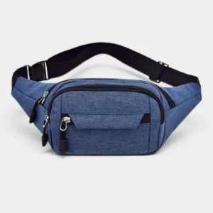 Sac banane en nylon bleu jean de face, avec sangle réglable à boucle plastique noire