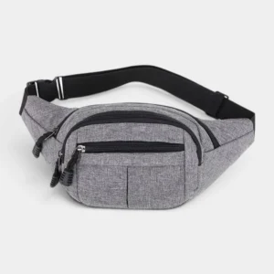 Sac banane en nylon gris chiné posé de face, avec sangle réglable à boucle noire