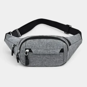 Sac banane en nylon gris chiné posé de face, avec sangle réglable à boucle plastique noire